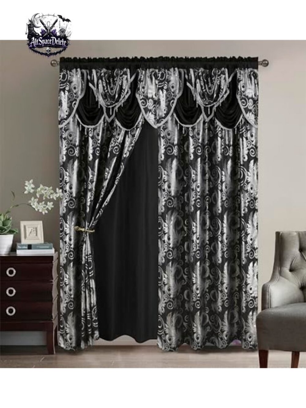 Jacquard Luxury Window Panel Set Attached Valance Backing 55x84
